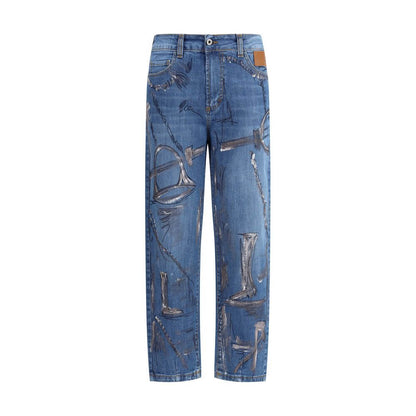 Ella Blue Cotton Slim Fit Jeans with paint splatter details and five-pocket design for a contemporary look.