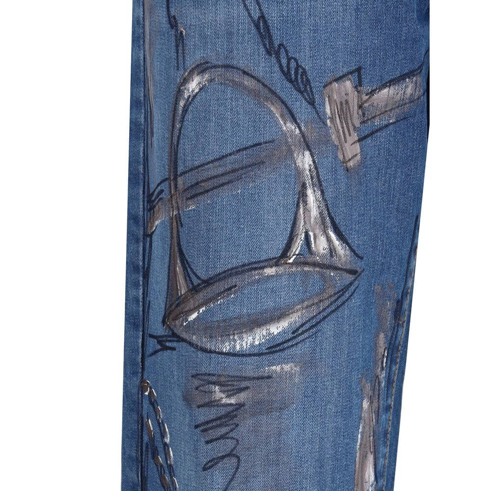 Close-up of Ella Blue Cotton Slim Fit Jeans with paint splatter details, emphasizing bold, contemporary design.