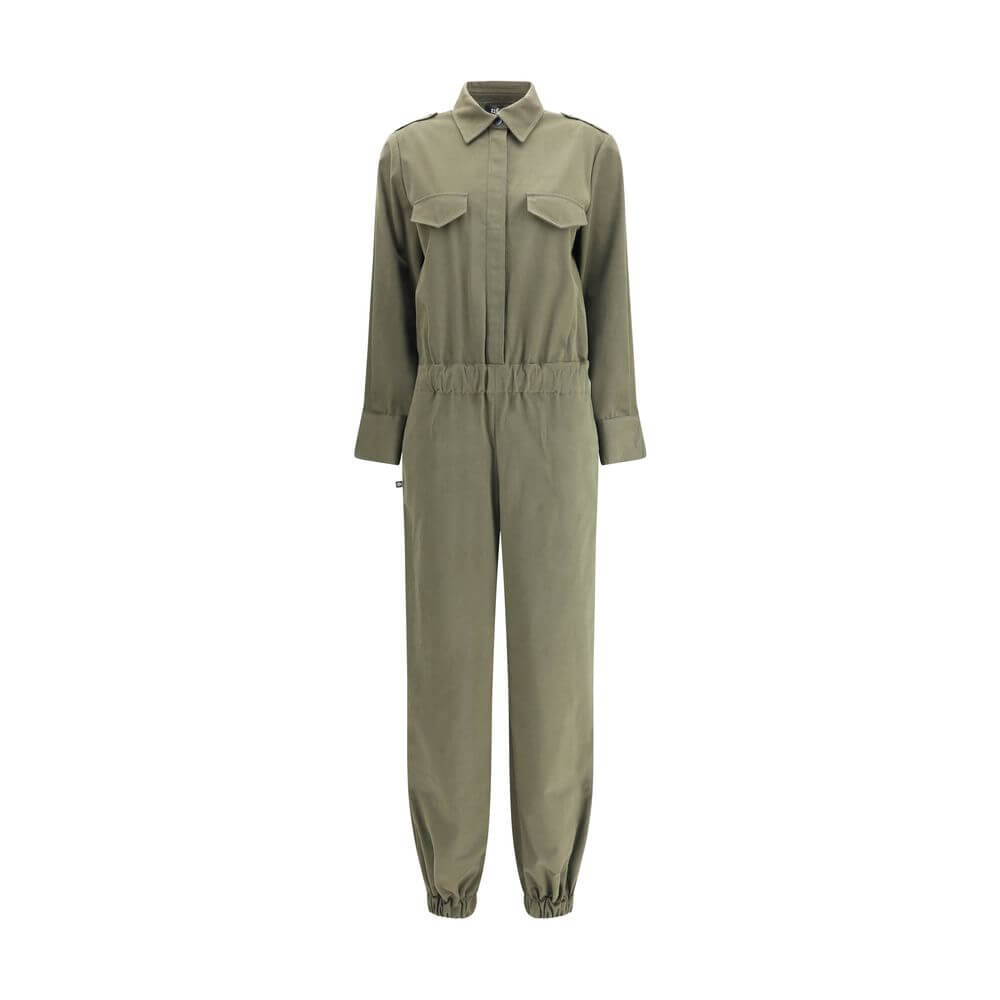 Ella Green Cotton Jumpsuit with button front, classic collar, elastic waistband, and cuffs for a versatile modern look.