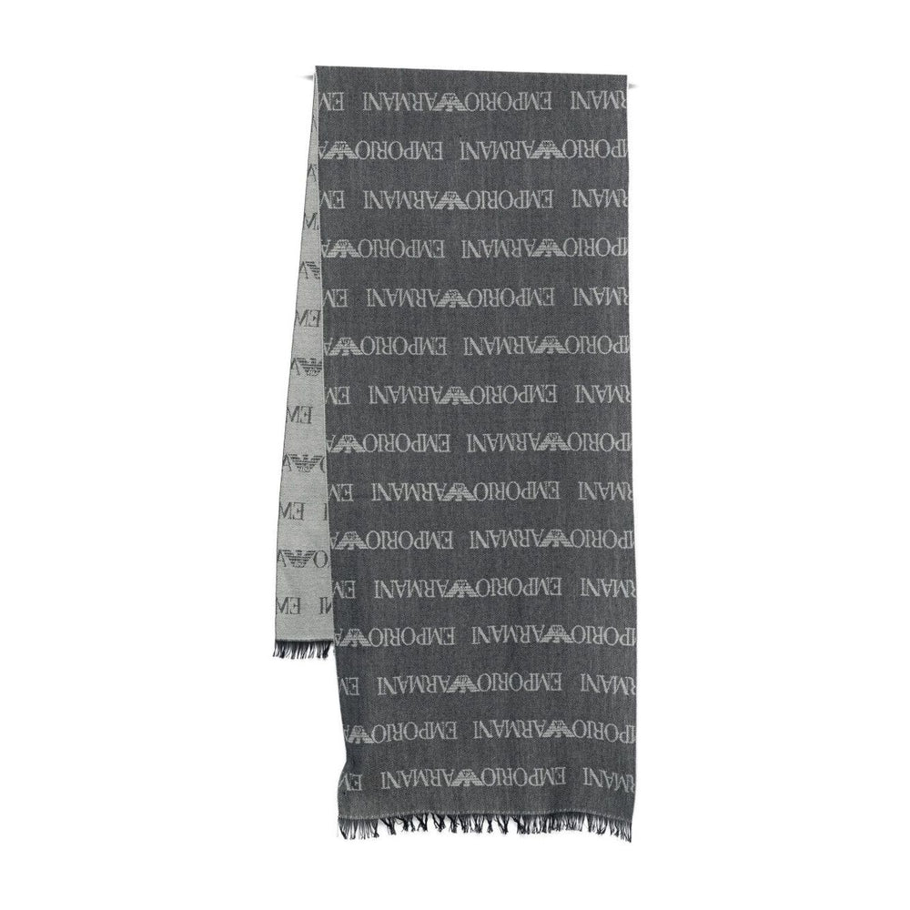 Emporio Armani Wool blend scarf with navy blue logo pattern, fringed edges, rectangular shape, 185cm length, and 44cm width.