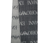 Navy blue Emporio Armani Wool blend scarf with logo pattern and fringed edges, rectangular shape, 185cm x 44cm size.