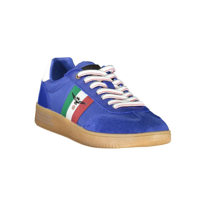 Esercito 1659 Blue Leather Men Sneaker with Italian flag stripe, stylish aviator blue design and contrasting details.