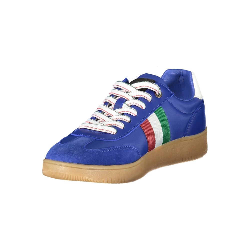 Esercito 1659 Blue Leather Men Sneaker in bluette aviation hue with contrasting stripes and gum sole, showcasing iconic fashion and quality.