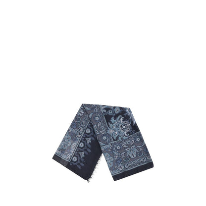 Etro Blue Modal Scarf with floral and geometric patterns, made of jacquard cotton blend, frayed edges, embroidered logo, 180x180, AW25