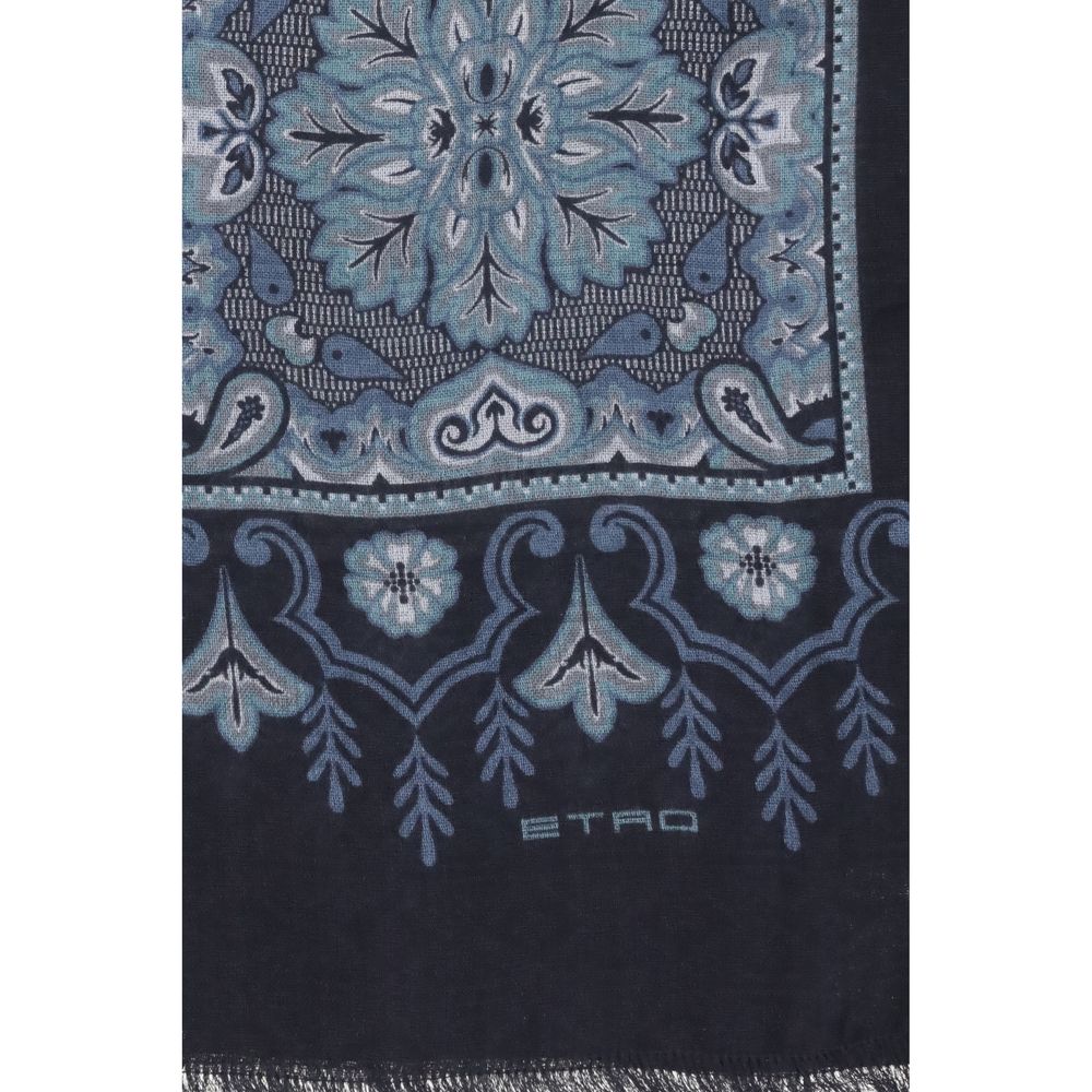 Etro Blue Modal Scarf with floral and geometric patterns, jacquard cotton blend, frayed edges, and embroidered logo, size 180×180.
