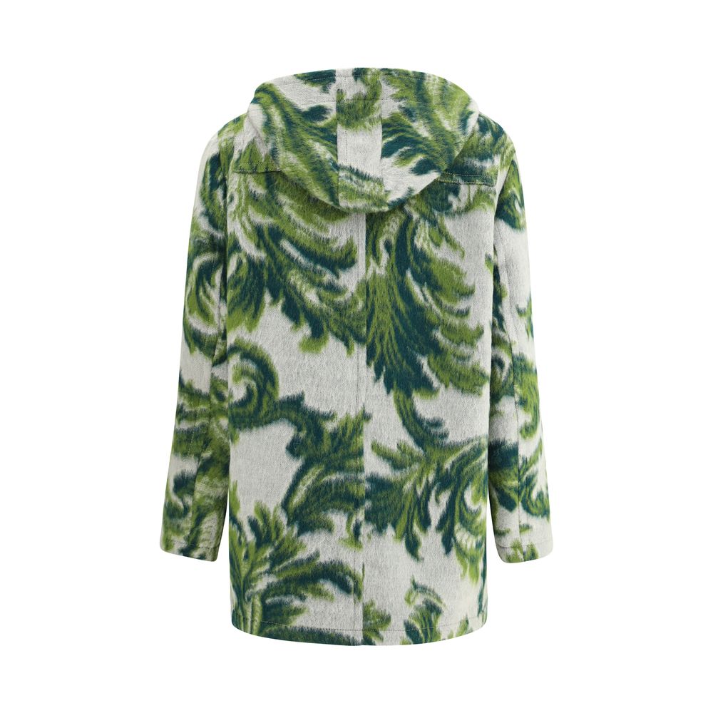 Etro Green Wool Coat in patterned wool with hood, toggles, and patch pockets, showcasing a fusion of tradition and contemporary style.