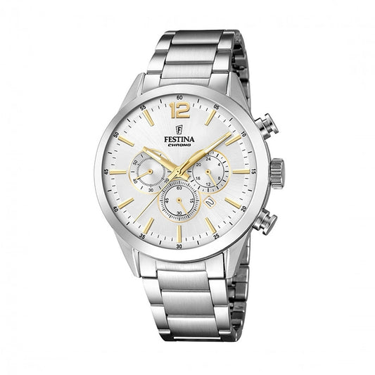 FESTINA WATCHES Mod. F20343/1 silver chronograph watch with metal strap and gold accents