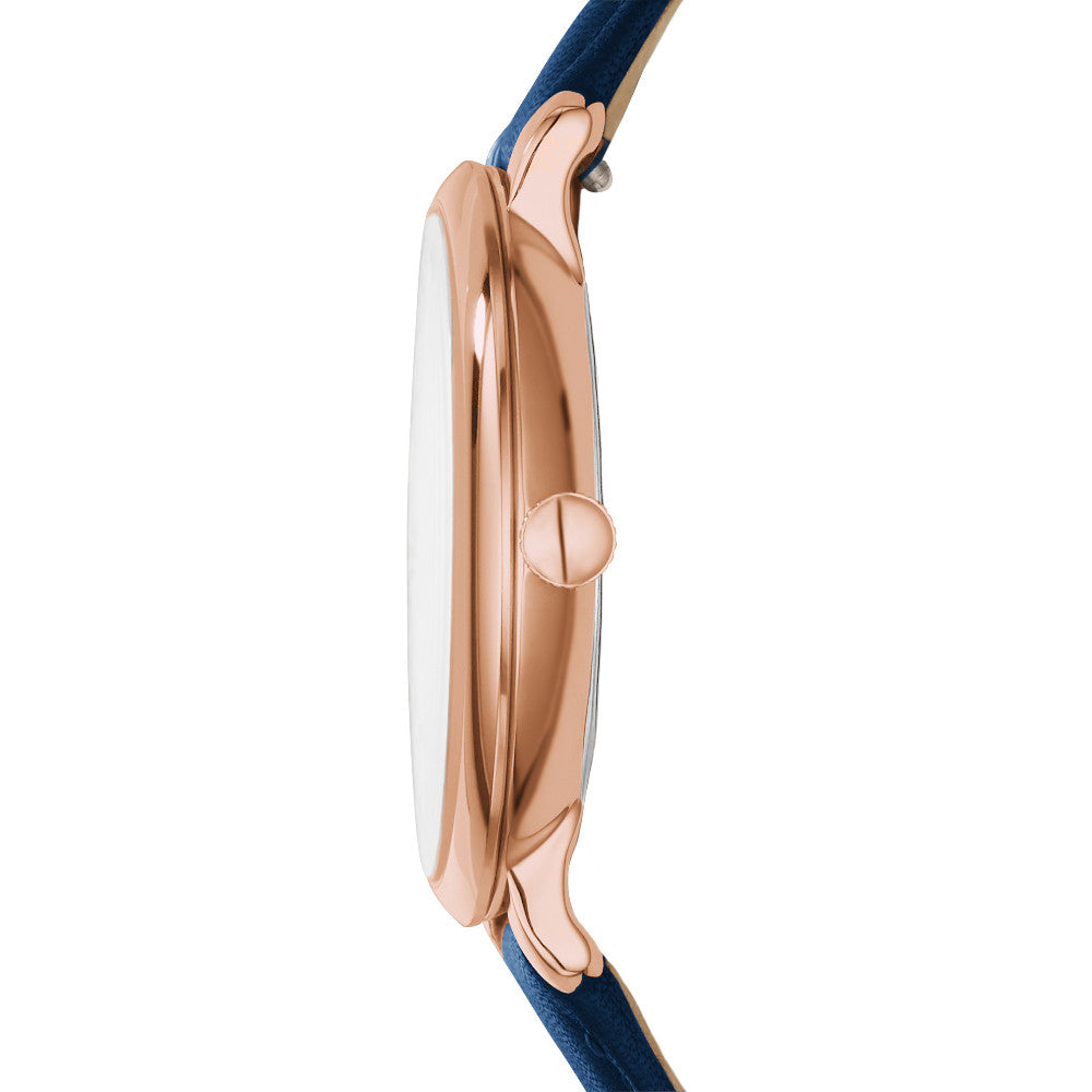 Side view of FOSSIL WATCHES Mod. ES3843 with rose gold case and blue leather strap, water resistant quartz wristwatch for women.