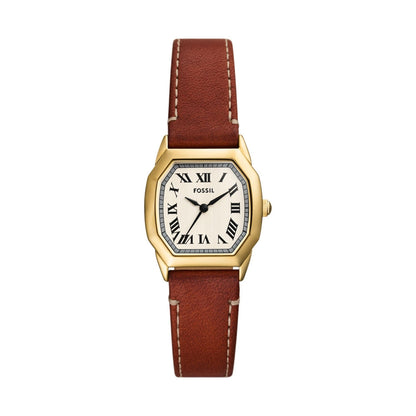 Brown leather strap FOSSIL WATCHES Mod. ES5364 with gold-tone case and Roman numeral dial, classic design for elegant style.