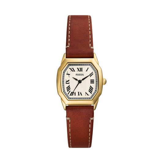 Brown leather strap FOSSIL WATCHES Mod. ES5364 with gold-tone case and Roman numeral dial, classic design for elegant style.