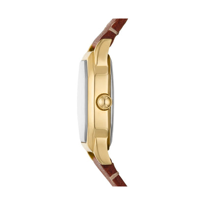 Side view of FOSSIL WATCHES Mod. ES5364 with brown leather strap and gold-tone case