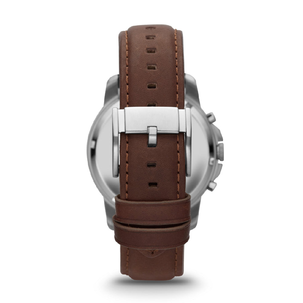 Back view of FOSSIL WATCHES Mod. FS4813 with brown leather strap and stainless steel case showcasing chronograph features.