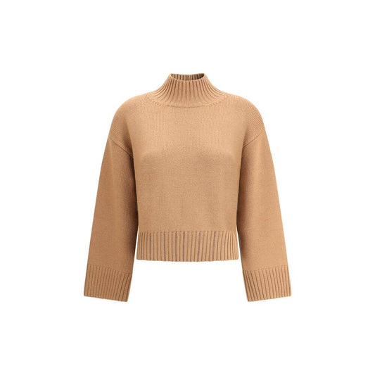 Fabiana Filippi Beige Fleece Wool Sweatshirt with ribbed high neck, hem, and cuffs, ideal for autumn-winter season.