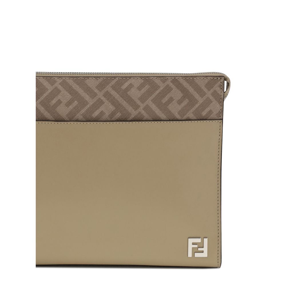Fendi Beige Leather Clutch Bag with FF logo, zipper closure, and removable cuff handle for versatility, elegance, and practicality.