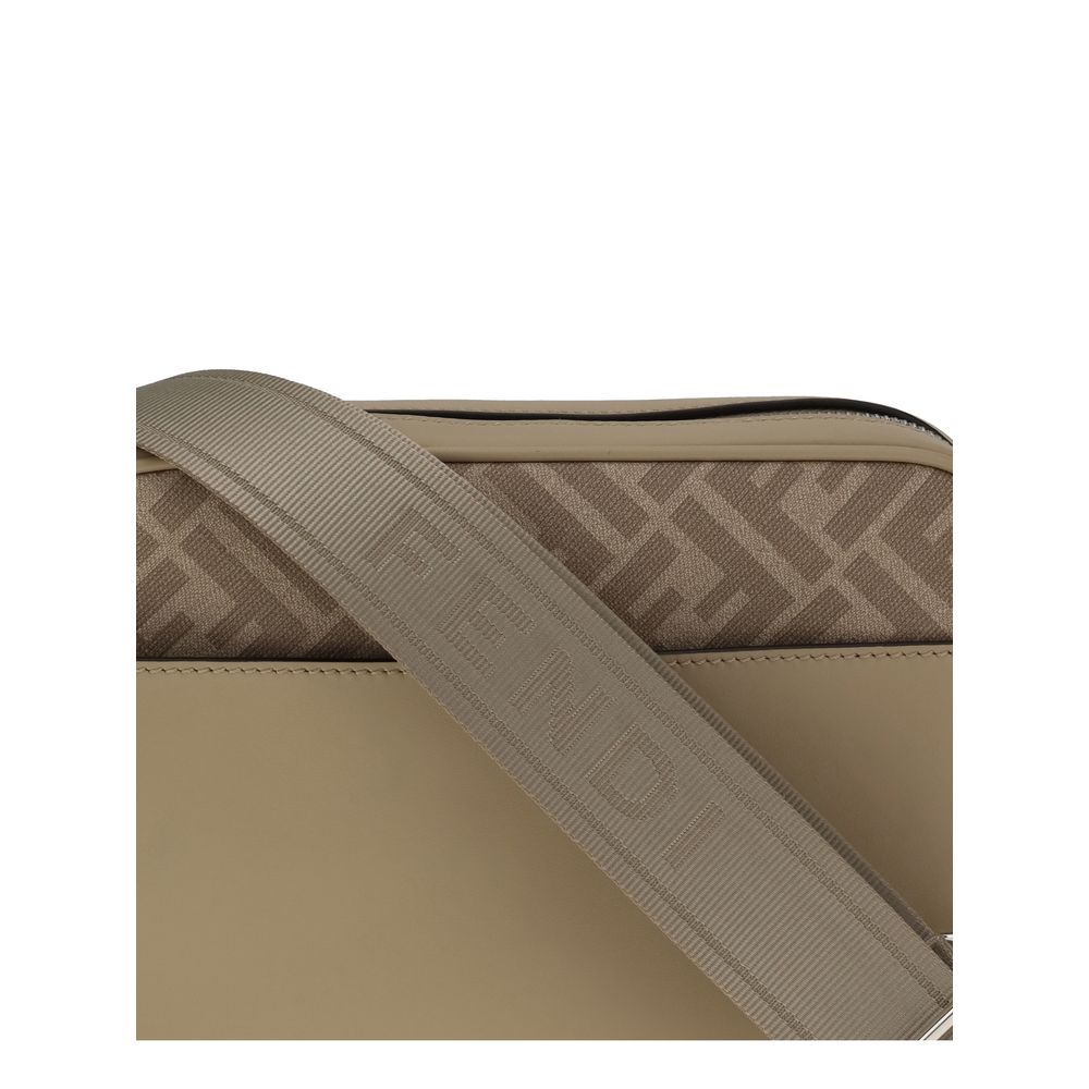 Fendi Beige Leather Shoulder Bag with FF canvas and metal appliqué, featuring palladium-finished accessories and a technical fabric strap.