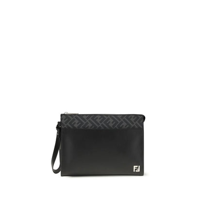 Fendi Black Leather Clutch Bag with FF metal logo and zipper closure with cuff handle, crafted from smooth leather and black FF canvas.