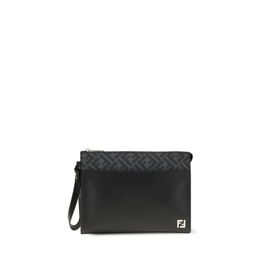 Fendi Black Leather Clutch Bag with FF metal logo and zipper closure with cuff handle, crafted from smooth leather and black FF canvas.