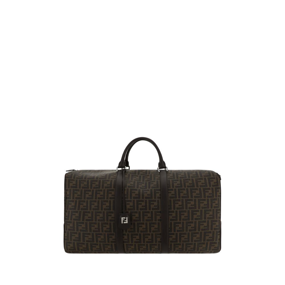 Fendi Brown Canvas Luggage And Travel Boston Travel Bag with FF monogram, leather handles, and adjustable strap. AW25, 55x55x25 dimensions.