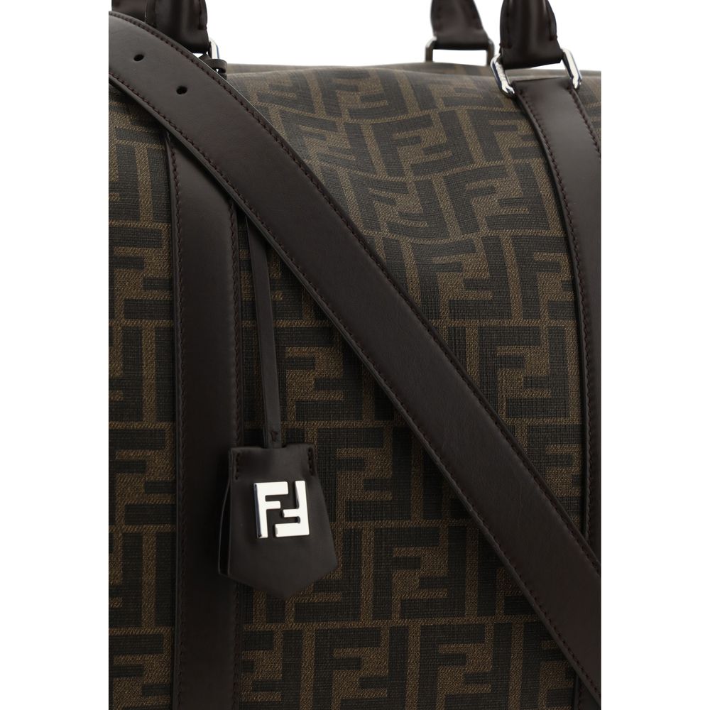 Fendi Brown Canvas Luggage And Travel with FF monogram pattern and leather strap, luxury Boston travel bag for seasonal fashion.