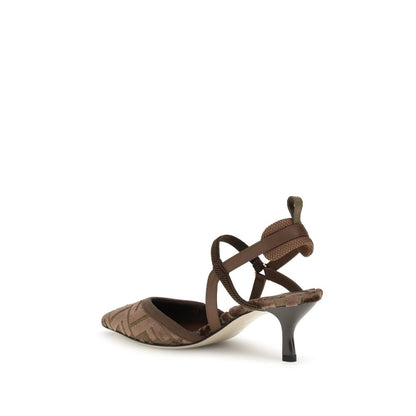 Fendi Brown Fabric Mid Heel Pumps with FF monogram, sleek almond toe, and slingback elasticized straps, rear view.
