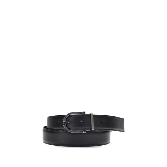 Ferragamo Black Calf Leather Bos Taurus Belt with reversible design and geometric buckle, perfect for versatile style and adjustable fit.