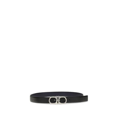 Ferragamo Black Calf Leather Bos Taurus Regular Belt with Gancini buckle and reversible feature, elegant and adjustable.