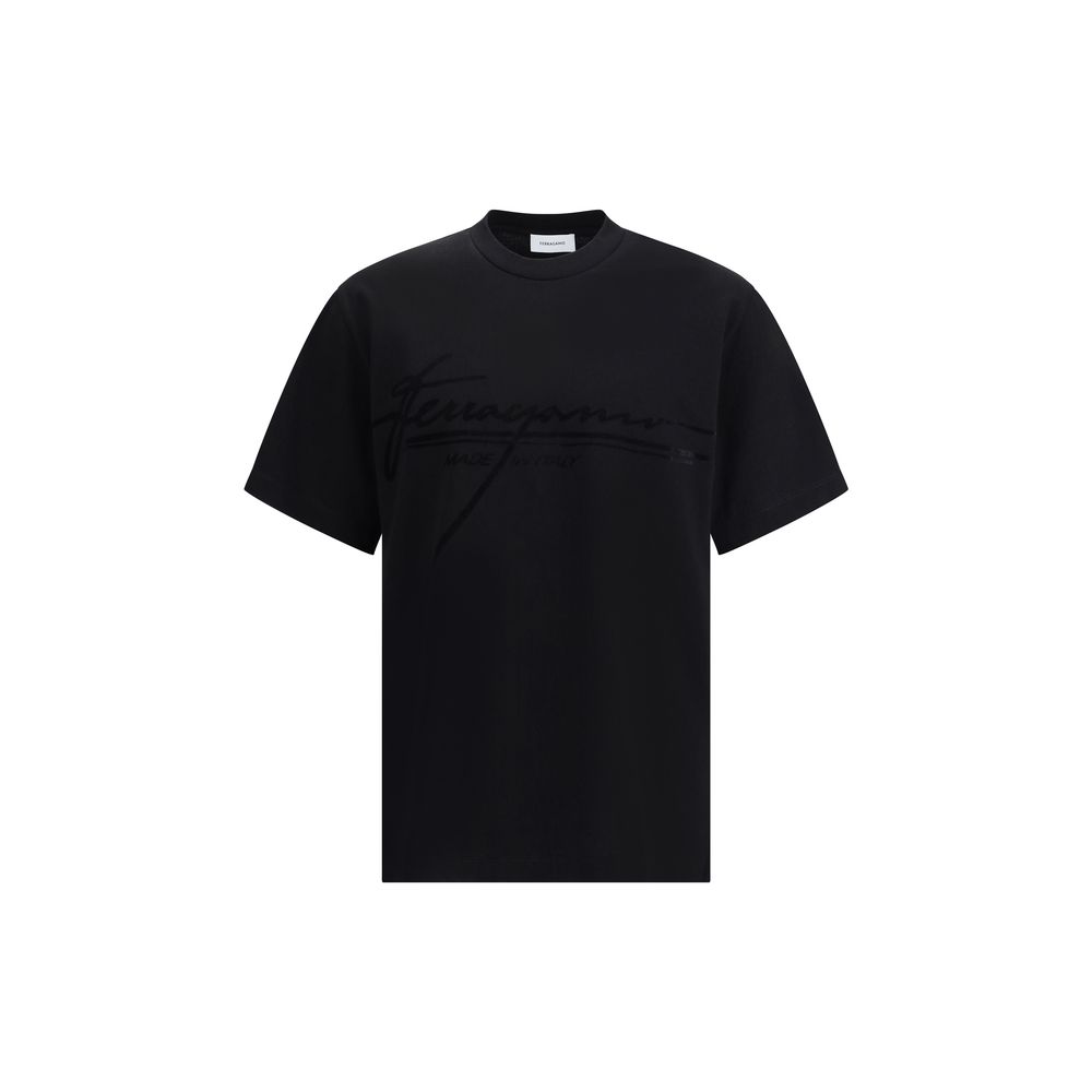 Ferragamo Black Cotton T-Shirt with iconic tone-on-tone signature, ribbed crew neck, and soft cotton fabric for an elegant look.