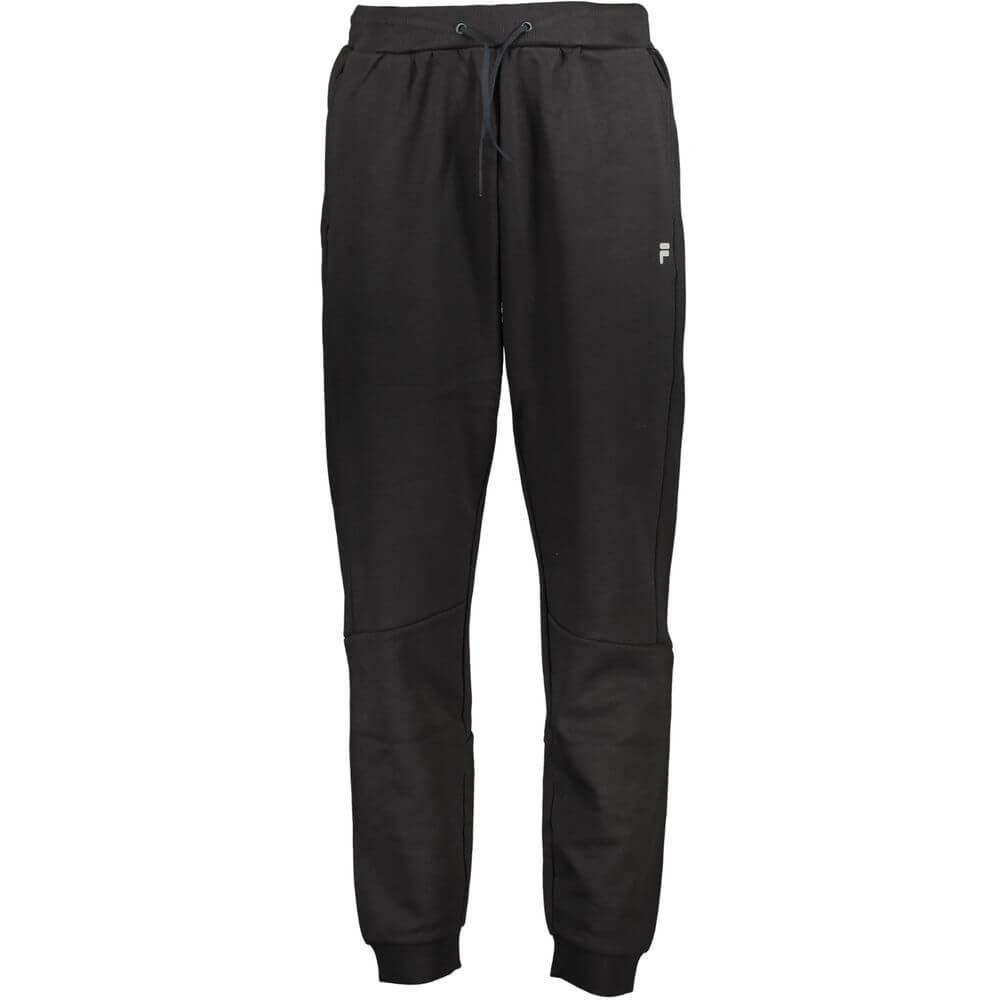 Fila Black Cotton Pant with elastic waist, drawstrings, two pockets, ankle cuffs, and logo print for sports.