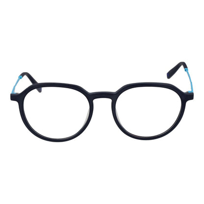 Fila Blue Stainless Steel Glasses (Frames), unisex panto style with full-rim blue stainless steel frame, demo lenses included.