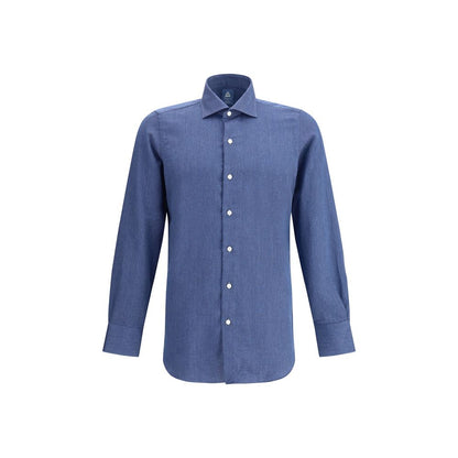 Finamore Blue Cotton Dress Shirt with classic collar and front button closure, suitable for everyday elegance, 100% cotton fabric.