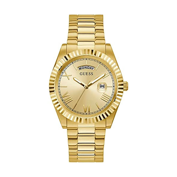 Luxury GUESS Mod. CONNOISSEUR watch with gold-toned stainless steel bracelet and 44mm case. Features quartz movement and 3 ATM water resistance.
