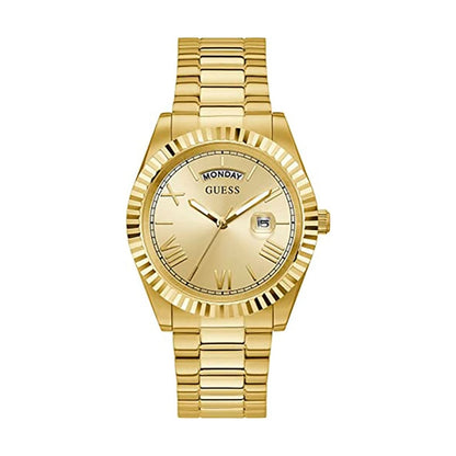 Luxury GUESS Mod. CONNOISSEUR watch with gold-toned stainless steel bracelet and 44mm case. Features quartz movement and 3 ATM water resistance.