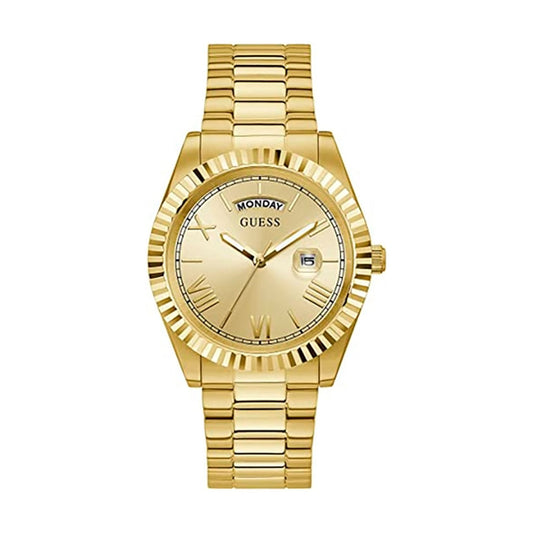 Luxury GUESS Mod. CONNOISSEUR watch with gold-toned stainless steel bracelet and 44mm case. Features quartz movement and 3 ATM water resistance.