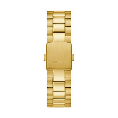 GUESS Mod. CONNOISSEUR gold watch bracelet with water resistance of 3 ATM and 44 mm quartz movement case viewed from back.