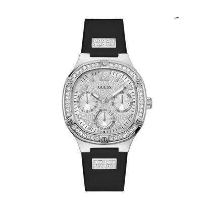 GUESS Mod. DUCHESS watch with black strap and crystal embellishments, featuring a silver-tone case and dial.
