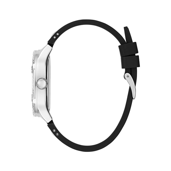 Side view of GUESS Mod. DUCHESS watch with black strap and silver case