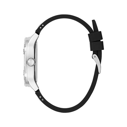 Side view of GUESS Mod. DUCHESS watch with black strap and silver case