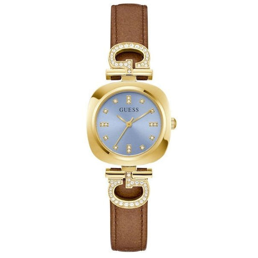 Elegant GUESS Mod. GABBY watch with gold-tone case and brown leather strap, featuring a blue dial and sparkling crystal markers.