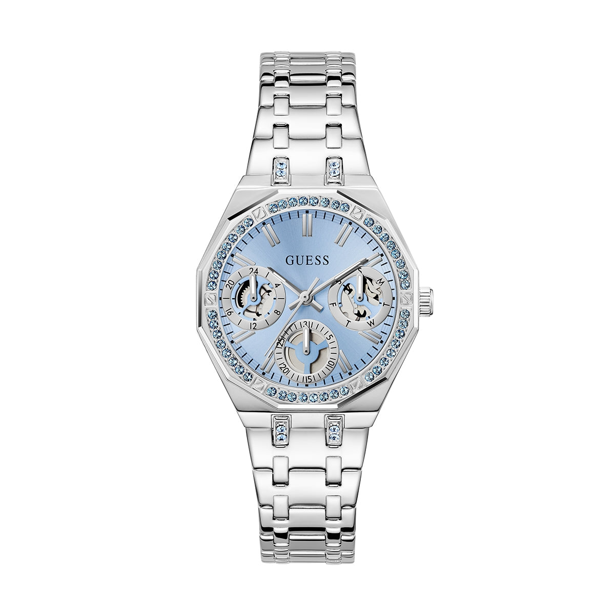 Luxury GUESS Mod. QUINN silver-tone watch with blue dial and crystal accents.