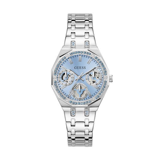 Luxury GUESS Mod. QUINN silver-tone watch with blue dial and crystal accents.