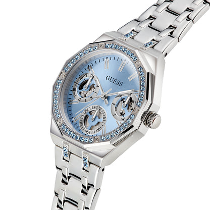 Elegant GUESS Mod. QUINN watch with blue face and silver band, adorned with sparkling stones.
