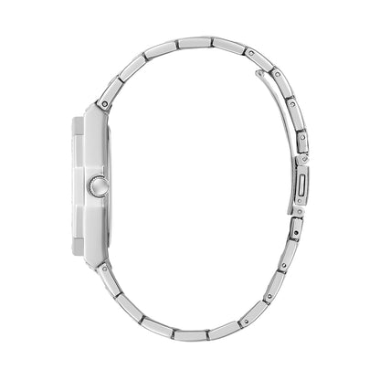 Side view of GUESS Mod. QUINN watch with silver bracelet
