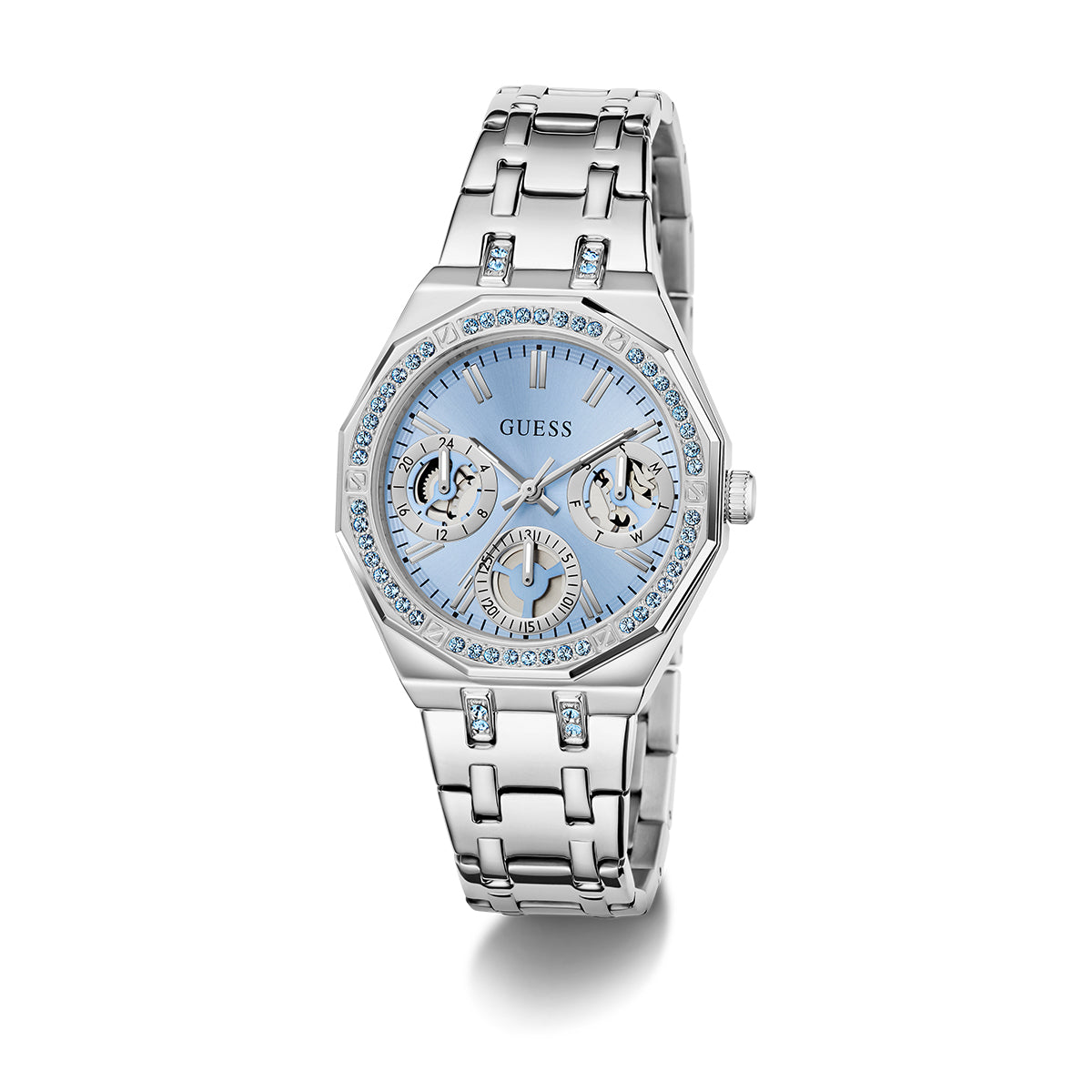Silver-tone wristwatch with blue dial, GUESS Mod. QUINN, featuring elegant design and functionality.