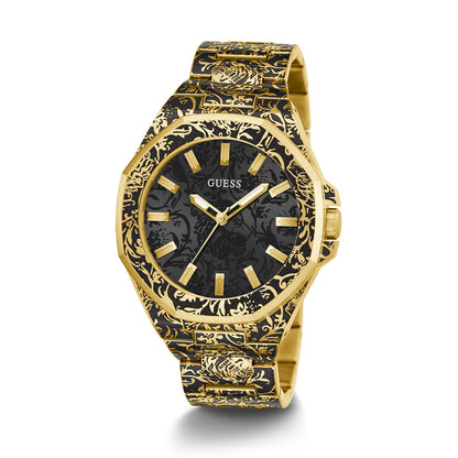GUESS Mod. ROAR gold and black decorative watch with intricate design on strap and face, showcasing style and elegance.