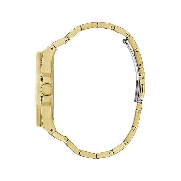 Side view of GUESS Mod. ROAR, a stylish gold-toned watch with a sleek band design.