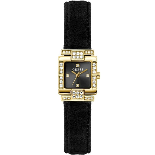 Elegant GUESS Mod. TAYLOR watch with black strap and gold-tone case featuring crystal accents.