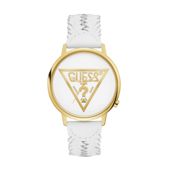 GUESS Mod. V1001M4 gold watch with white strap and logo design on a stylish wristwatch face.
