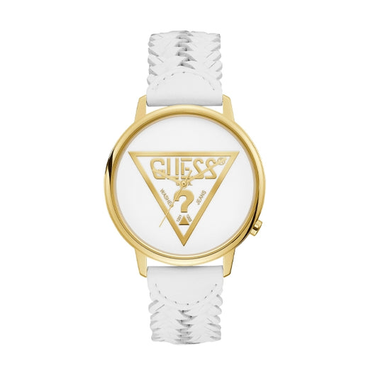 GUESS Mod. V1001M4 gold watch with white strap and logo design on a stylish wristwatch face.