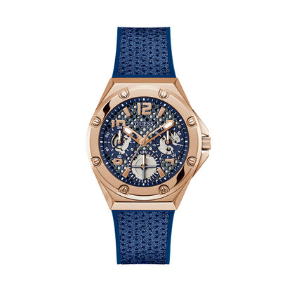 Luxury blue and rose gold watch from GUESS WATCHES Mod. ASTERIA with detailed chronograph dial and blue band.