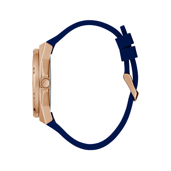 Side view of GUESS WATCHES Mod. ASTERIA featuring a blue strap and gold-toned case.